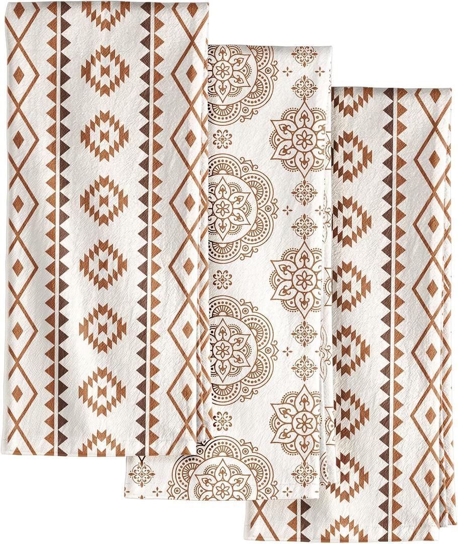 Miss Adola 3pcs 150GSM Flour Sack Kitchen Towels, Bohemian | 18"x 26", Pure Cotton, Light Weight, All Season Design, Lint-Free, Quick Drying, for Proofing Bread, for Kitchen Drying