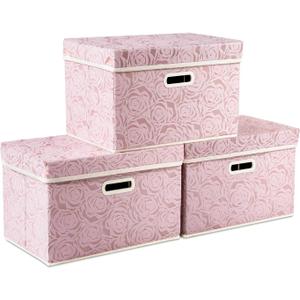PRANDOM Collapsible Storage Boxes with Lids Fabric Decorative Storage Bins Cubes Organizer Containers Baskets with Cover Handles Divider for Bedroom Closet Living Room 14.9x9.8x9.8 Inch 3 Pack (Pink)