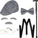 hoyuwak 7 PCS 100 Day of School Costume Old Man Costume Grandpa Costume Accessories Set include Moustache Eyebrows Cane Glasses Bow Tie and Newsboy Hat