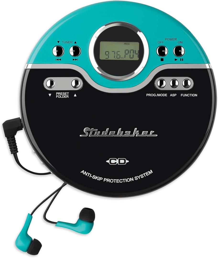 Studebaker Retro Portable CD Player | CD-R/RW MP3 Playback | Programmable Personal CD Player | Anti-Skip | FM Radio | Mega Bass Boost | Sport Earbuds (Vintage Turquoise)