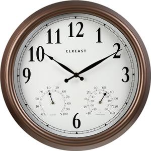 CLXEAST Indoor Outdoor Clocks Waterproof 16 Inch, Large Outdoor Clock Thermometer Combo& Hygrometer,Bronze/Dark Brown Finish,House Warming Gifts New Home