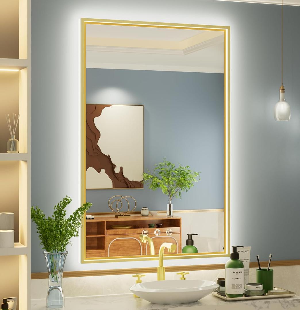24x36 Inch Gold LED Bathroom Mirror, 3000K/4500K/6000K, Frontlit and Backlit, Wall Mounted Bathroom Vanity Mirror with Lights, Dimmable, Anti-Fog, Memory Function, ETL Listed