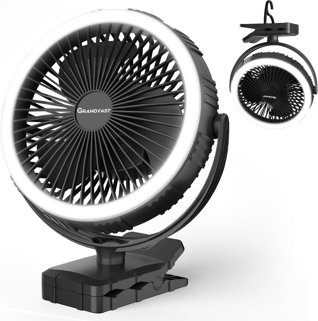 Rechargeable Camping Fan, Battery Operated with Timer, Powerful Airflow Portable Fan, Strong Clip with Light & Hook for Camping Outdoor Travel BBQ Hurricane Power Outage