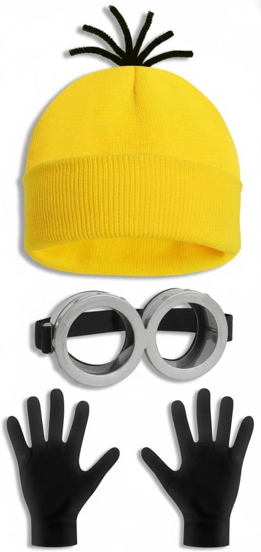 Halloween Costume Accessories for Adults: Steampunk Goggles Glasses Yellow Beanie Hat Black Gloves for Men Women Cosplay