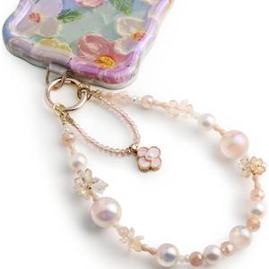Phone Charm for Women, Anti-Theft Phone Wrist Strap Hands-Free & Beaded Chain, Detachable Cell Phone Lanyard with Tether Tab (Pink Blossom)