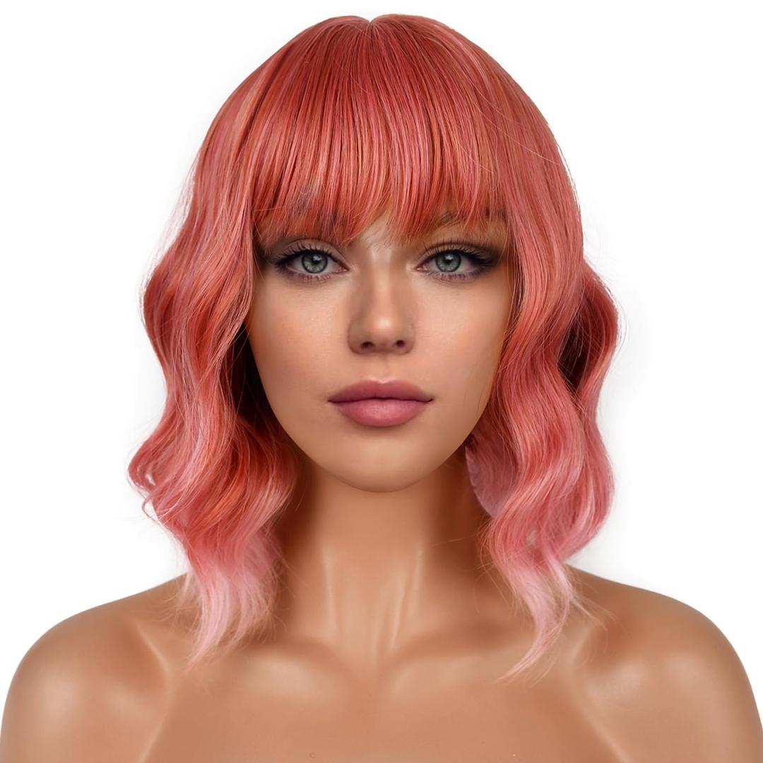 Short Bob Wigs with Bangs for Women Loose Wavy Wig Curly Wavy Shoulder Length Bob Synthetic Cosplay Wig for Girl Colorful Costume Wigs (Dark Pastel Pink)