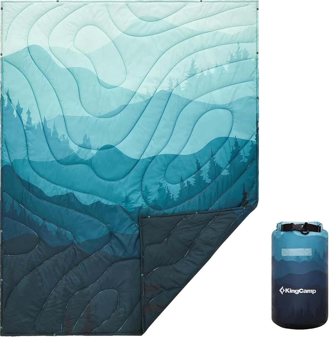 KingCamp Ultralight Camping Blanket, Packable Down Alternative Puffy Printed Wearable Blanket with Snap Buttons & Corner Loops Weatherproof Quilt for Outdoor Travel Stadium (79"L x 57W, CYAN)