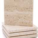 4 Pack Travertine Coaster, 4" Absorbent Marble Coaster with Cork Pad, Stone Bar Drink Coasters, Limestone Coffee Cup Coasters for Kitchen Tabletop Office Home Decor Housewarming Gift, Beige