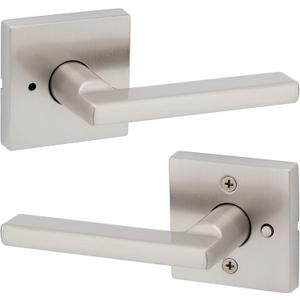 Kwikset Halifax Interior Privacy Door Handle with Lock, Door Lever For Bathroom and Bedroom, Satin Nickel Reversible Keyless Push Button Lock Door Lever, with Microban Protection (Square)