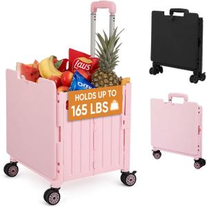 VUSIGN Folding Utility Cart, Foldable Rolling Crate Handcart with Lid, Portable Collapsible Shopping Trolley Tool Box, 4 Rotate Wheels for Grocery, Office, Travel, Teacher, Luggage, Pink VUSIGN Folding Utility Cart, Foldable Rolling Crate Handcart with Lid, Portable Collapsible Shopping Trolley Tool Box, 4 Rotate Wheels for Grocery, Office, Travel, Teacher, Luggage, Pink