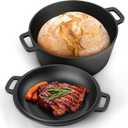 P&P CHEF 5Qt Dutch Oven Pot for Bread Baking (Black), 2 In 1 Round Cast Iron Dutch Oven with Lid Set, Skillet & Pot for Roasting Braising Stewing Frying Simmering, Multi Stoves & Oven Safe