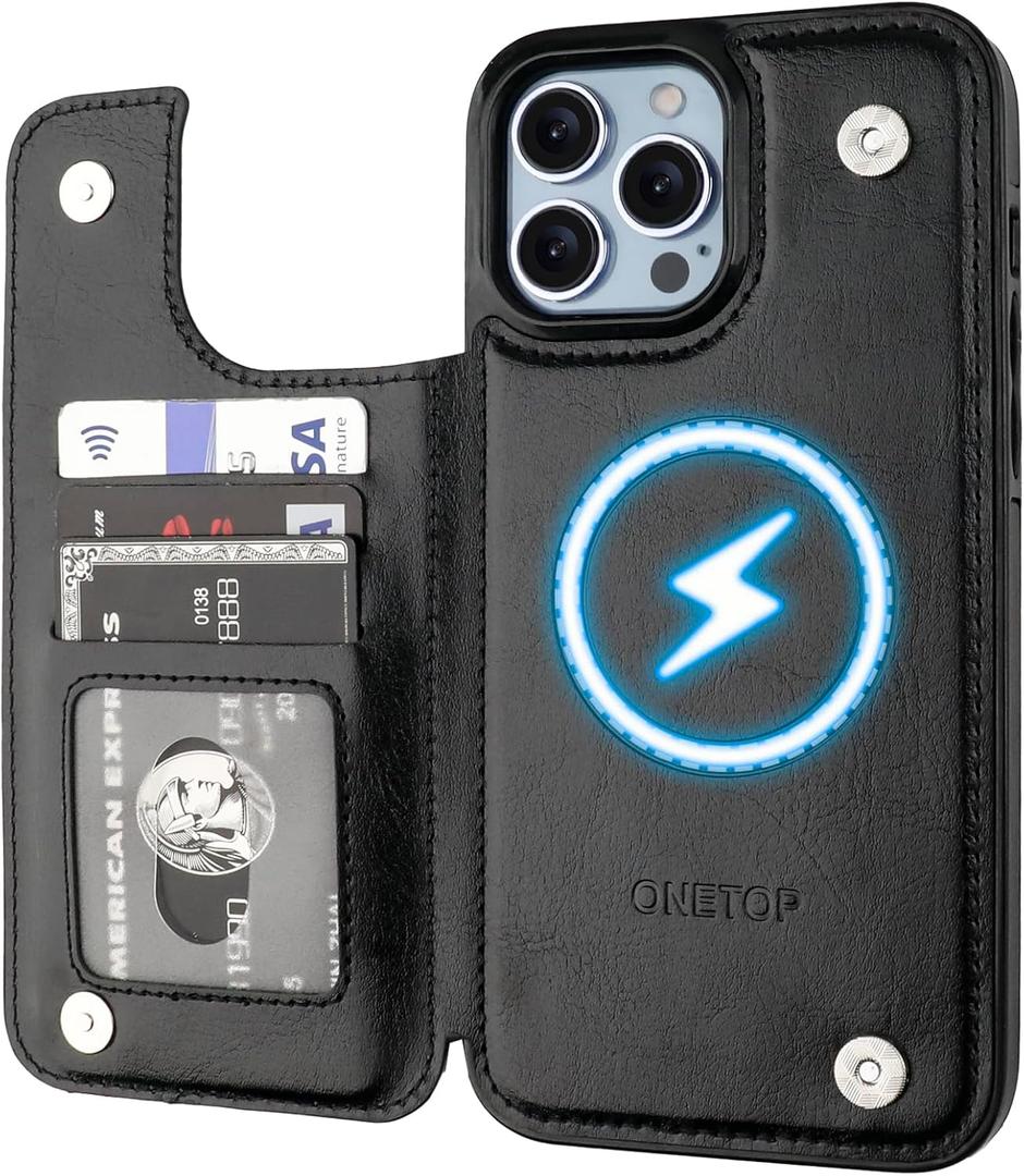 ONETOP Compatible with Magsafe for iPhone 13 Pro Max Wallet Case with Card Holder, PU Leather Kickstand RFID Blocking Case, Double Magnetic Clasp and Durable Shockproof Cover 6.7 Inch (Black)