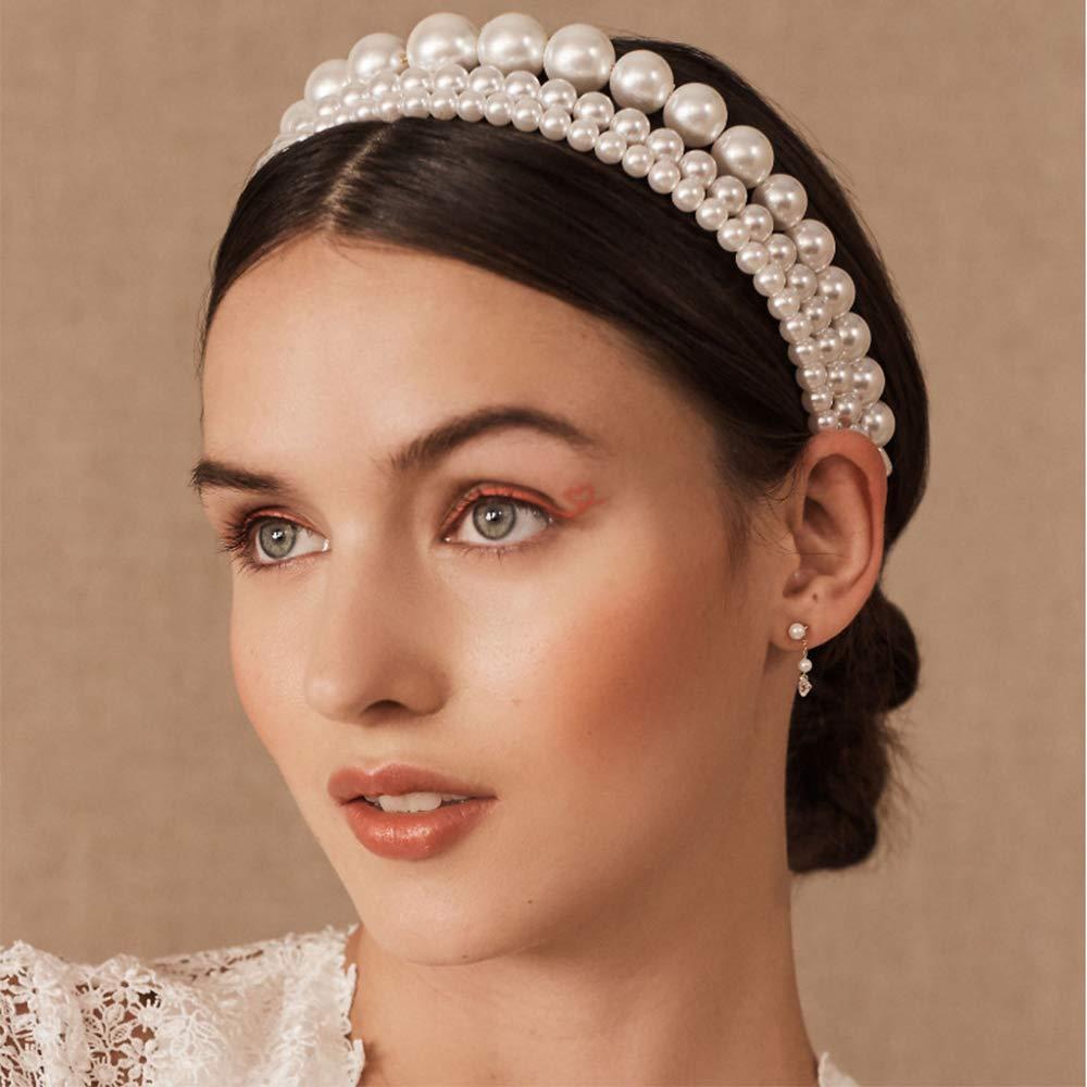 Aimimer Ivory Pearl Tiara Crown Pack of 3 Vintage Large Pearl Hair Hoop for Wedding Prom Party Hair Jewelry