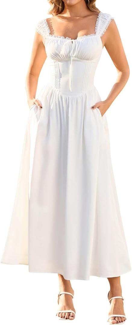 KUTUMAI Lace Corset Midi Dress Tie Flowy Summer Spring Wedding Guest Dresses for Women Sundress with Pockets (White, XL)