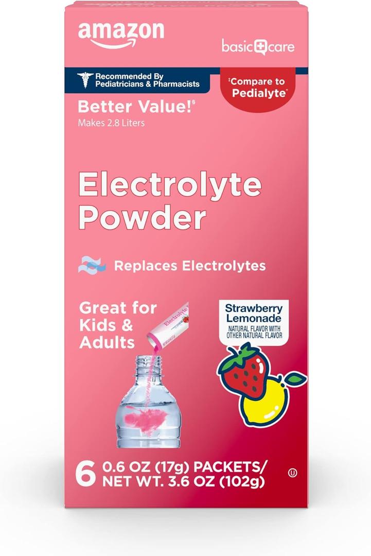 Amazon Basic Care Electrolyte Powder Packets, Strawberry Lemonade, 6 Count (Pack of 1) (EXP 11/12/27)
