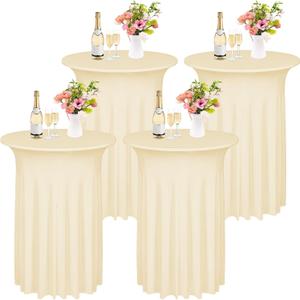 Kochorie 4 Pieces Cocktail Table Skirt Round Cocktail Table Covers 32 x 43 Inch Spandex Stretch High Top Table Cloth for Wedding Table Bar Banquet Party Supplies (Champagne)