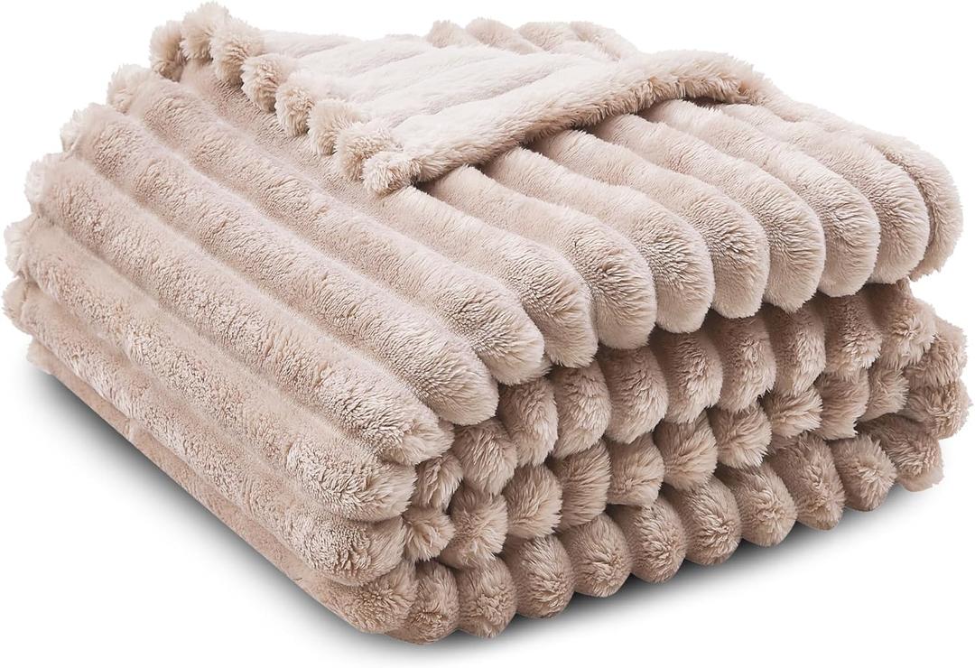 Super Soft Queen Blanket for Bed, Premium Silky Flannel Fleece with 3D Striped Jacquard Design, Lightweight and Cozy for Living Room, and All-Season Use, 90x90 Inches.Taupe