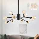 35.5" Black Sputnik Chandeliers 12 Lights Mid Century Modern Crystal Pendant Light Contemporary Branches Chandeliers Crystal Sputnik Light Fixture for Dining Room (Dimmable Bulb & Remote Incl.)