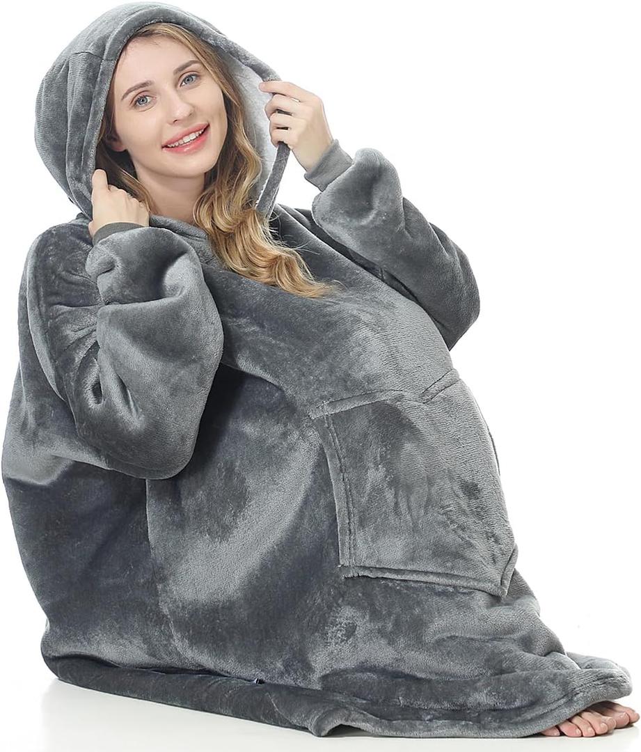 Oversized Hoodie Blanket, Wearable Blanket sweatshirt, Ultra Soft Sherpa Fleece Comfy Snuggle Hoodie (Grey)