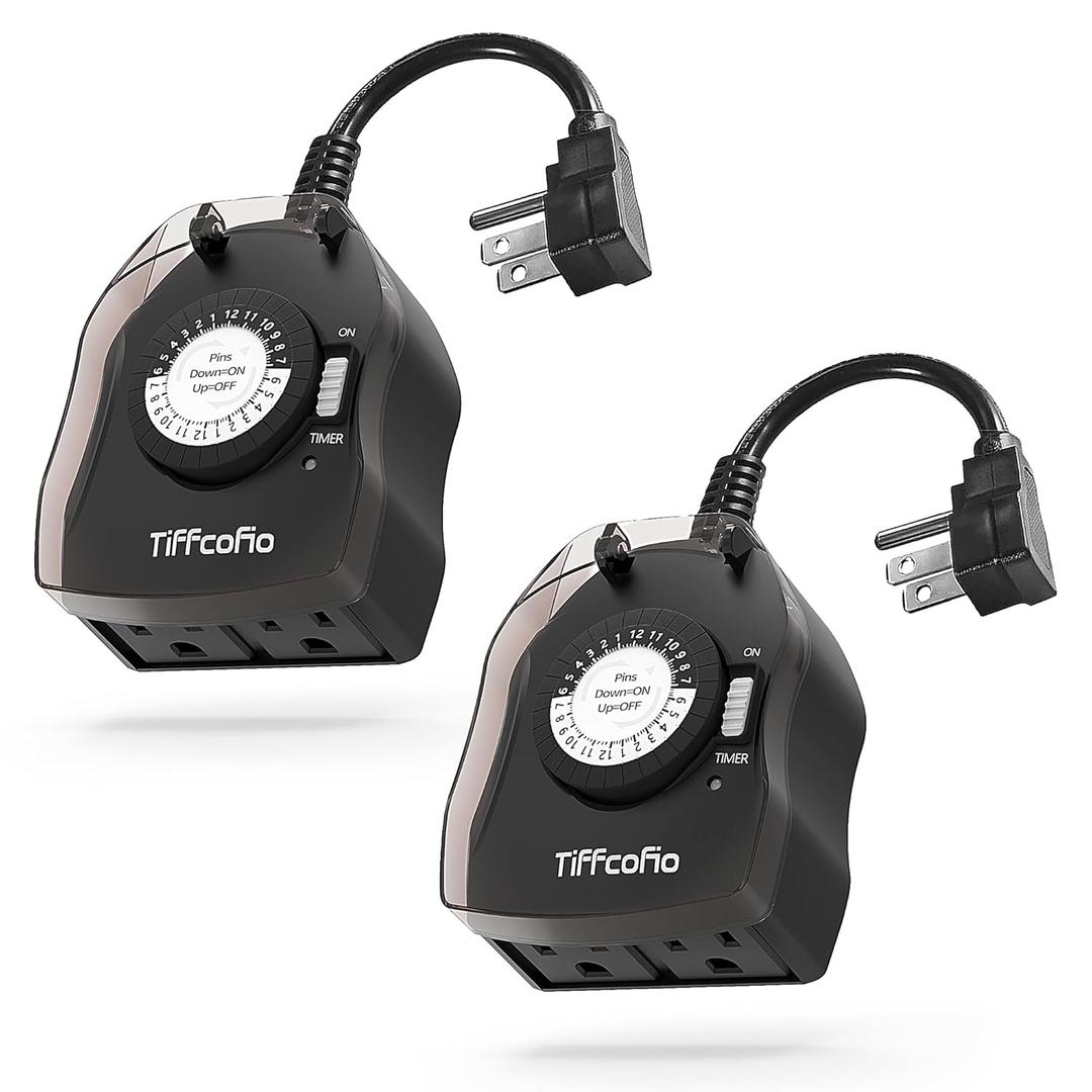 TiFFCOFiO Outdoor Timer Outlet for Lights, 24 Hour Mechanical, Outdoor Light Timer Waterproof, 2 Grounded Outlets for Home and Garden, 15A 1/2HP, Heavy Duty, CSA Listed (2 Pack) TiFFCOFiO Outdoor Timer Outlet for Lights, 24 Hour Mechanical, Outdoor Light Timer Waterproof, 2 Grounded Outlets for Home and Garden, 15A 1/2HP, Heavy Duty, CSA Listed (2 Pack)