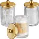 3 Pack Glass Qtip Holder Dispenser Set with Matte Gold Metal Lid