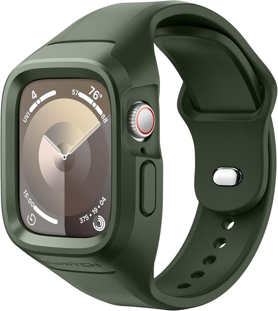 SURITCH Sport Band for Apple Watch Ultra 3/2/1 49mm & iWatch Series 9/8/7/6/5/4/SE3/SE2/SE 45mm 44mm 41mm 40mm, Soft Silicone Shockproof Rugged Protective Strap with Case for Women Men (Army Green)