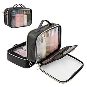 OCHEAL Makeup Bag, Double Layer Clear Make up Bag Organizer, Large Capacity Cosmetic Bag for Women Travel Beauty Essentials, Multiple Compartments Makeup Case Zipper Pouch -Clear