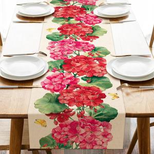 Spring Summer Geranium Flower Table Runner, Red Floral Butterfly Kitchen Dining Table Decoration, Seasonal Burlap Indoor Outdoor Home Decor Party Supply 13 x 90 Inches