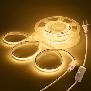 AC 110V COB LED Strip Lights Plug In with Switch Self-Adhesive 20FT/6M High Density 288LEDs/M Waterproof Flexible DIY Cuttable Warm White 3000K Outdoor COB Led Rope Lights for Kitchen Cabinets Garden