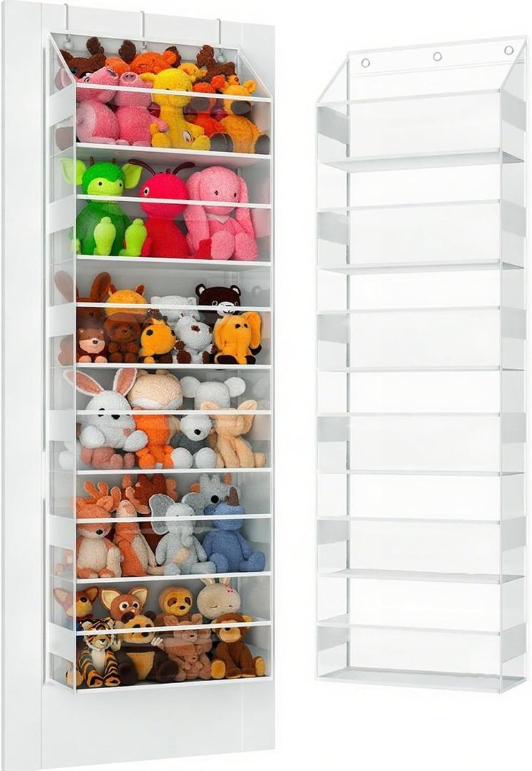 Over the Door Organizes- 6 Tier Stuffed Animal Storage, Bathroom Organizers and Storage, Swing-proof Hanging Organizer for Toys/Nursery Newborn Baby Essential Stuff (Clear)