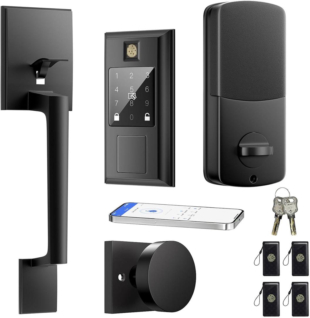 Fingerprint Smart Lock & Front Door knob Set, Keyless Entry Door Lock with Handle, Auto-Lock, Smart Front Door Lock Set, Bluetooth APP Control, Touchscreen Keypad, Easy Install,Matte Black