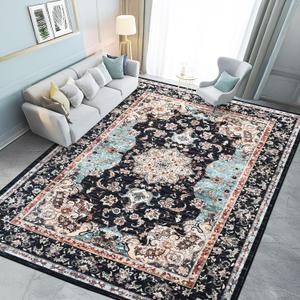  8' x 10' (Rectangular) Living Room Rug for High Traffic Areas - Machine Washable Pet Friendly Carpet, Non Slip Indoor Rug (Black Blue)