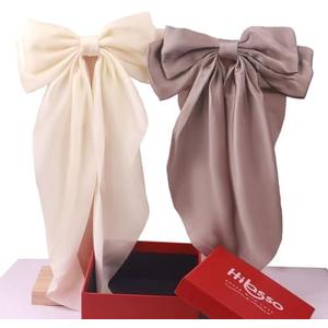 Pack of 3 Hibasso Large 2-Piece Silky Satin Hair Bows Set for Women, Girls with Long Tails and Metal Clips – Aesthetic bow hair clip, Stylish Hair Accessories (Gray & Beige, Count of 6)
