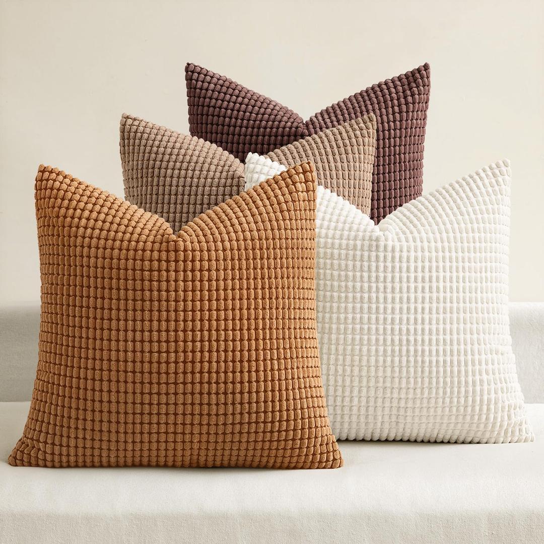 MIULEE Modern Farmhouse Decorative Lumbar Pillow Covers 18x18 Inch Set of 4 Natural Rustic Throw Pillows Neutral Warm Soft Corduroy Couch Pillowcases Home Decor for Sofa Living Room Bed Brown
