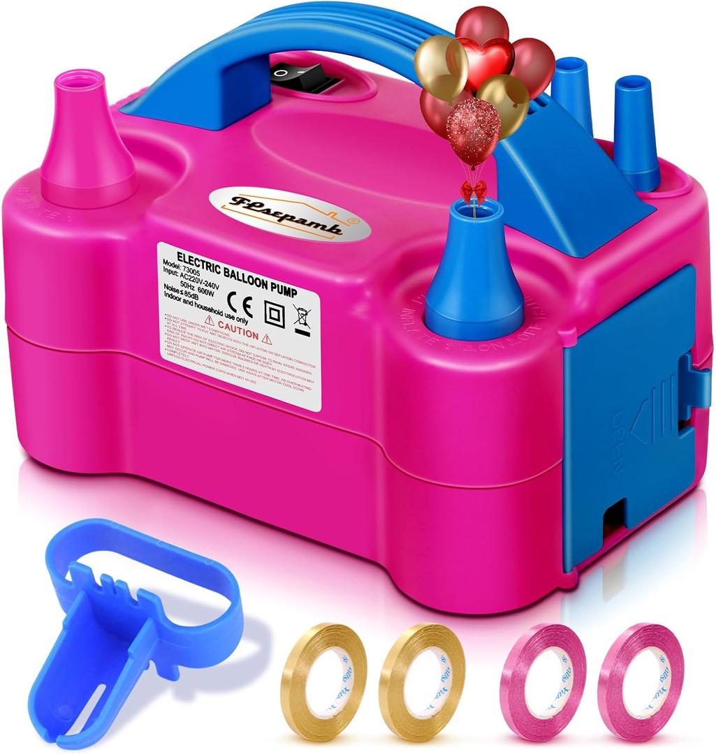 FLSEPAMB Balloon Pump, Electric Balloon Pump,Portable Dual Nozzles Electric Balloon Air Pump 110V 600W, Electric Balloon Inflator with Tying Tool, Colored Ribbons for Party Decoration (Rose-red)