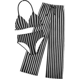 Girls Swimsuit V-Neck Halter Backless 3 Piece Bikini Sets with Cover Up Pants Stripe Bathing Suit for Girls 7-14 Years
