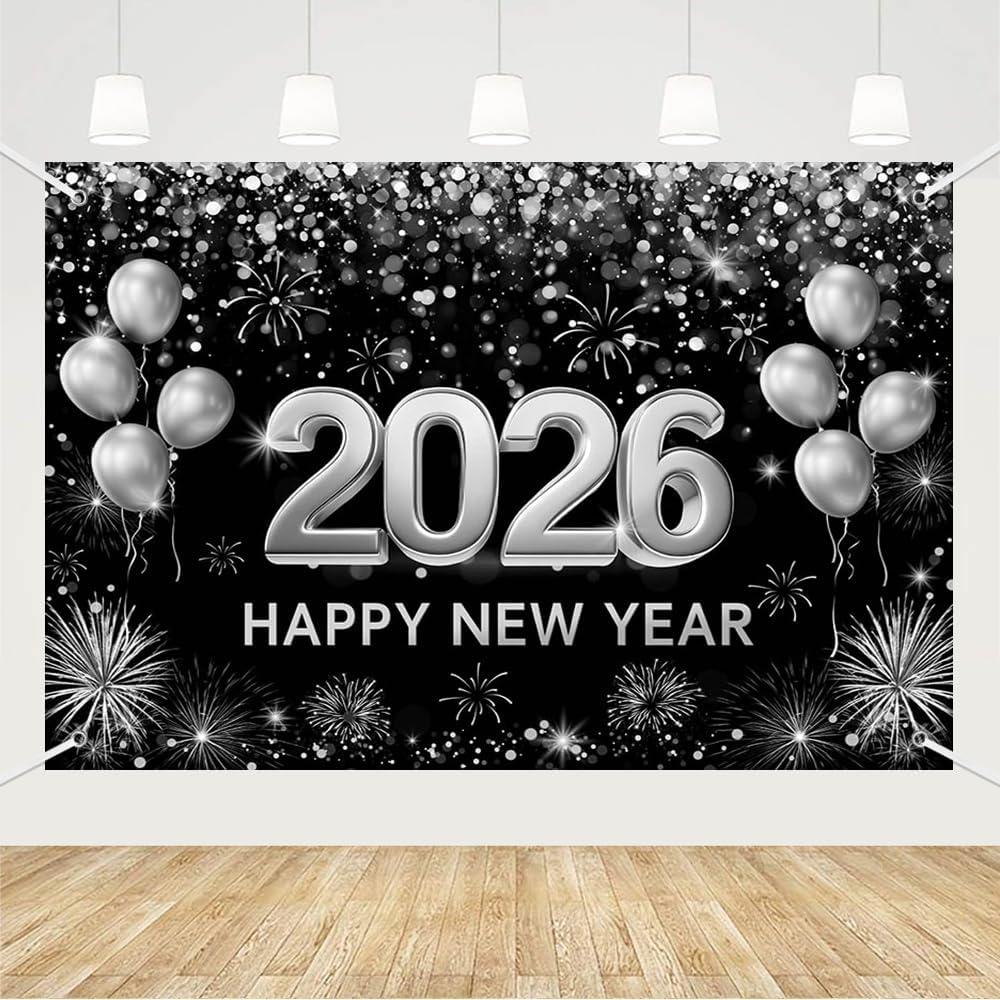 MEHOFOND 7x5ft Black and Silver 2026 Happy New Year Backdrop Hello 2026 New Year Eve Party Photography Background Balloon Fireworks Glitter Dots Cheers to 2026 Decor Banner Photo Booth Props