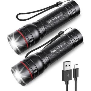 RECHOO Rechargeable Flashlights High Lumens, 2 Pack G1000 Super Bright Flash Light, Small Led Tactical Flashlight with 3 Lighting Modes, Portable Flashlights for Camping Home (Battery Included) (Black)