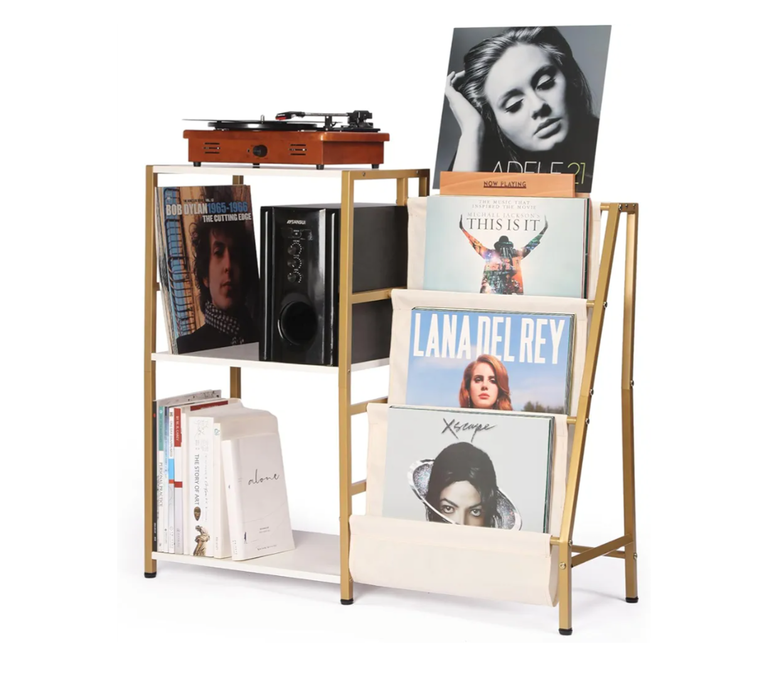 Stand for Record Player, 3 Tier Vinyl Record Storage with Now Playing Holder, Turntable Stand, Vinyl Display with Speaker Storage for Living Room, Gold White