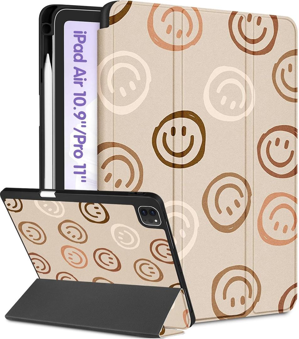 for iPad Air 11 inch Case, Air 5th/4th Generation 10.9, Pro 11'' (4th/3rd/2nd/1st Gen) Case Girls Cute Women Pencil Holder Smile Design Girly Folio Cover for iPad Air 11 2024/2025 (M2/M3)