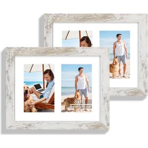 8x10 Picture Frame Set of 2, Distressed White Wood Frame with Glass Collage Frame, Display Pictures Two 4x6 With Mat or 8 x 10 Without Mat - Horizontal or Vertical Wall Mounting