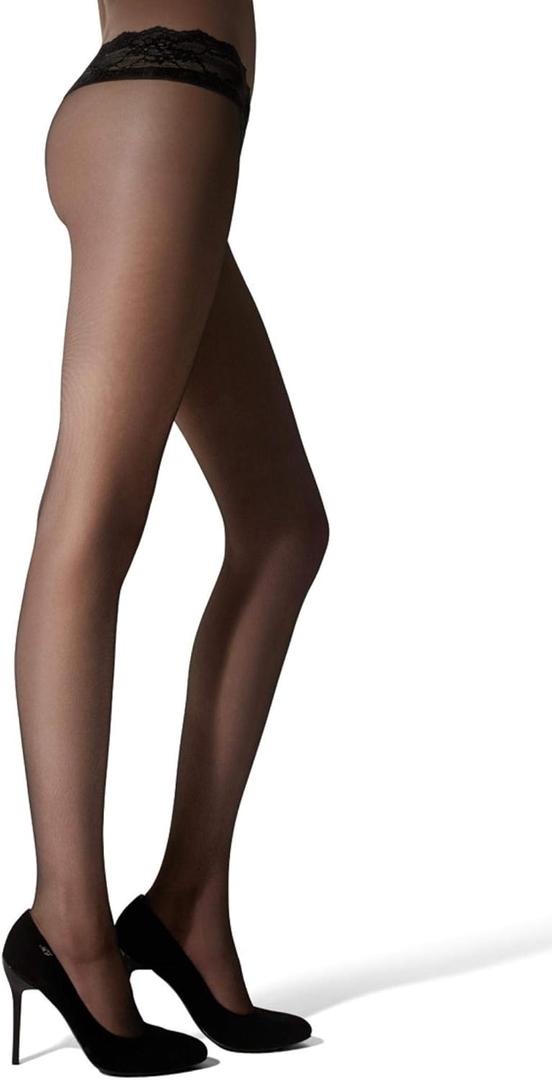 MARILYN Erotic Silicone Lace Band Low Waist Hipster 15 Denier Vita Bassa European Pantyhose (Black, L)