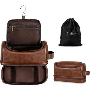 Elviros Toiletry Bag for Mens PU Leather Travel Organizer Kit with Hanging hook, Large Water-resistant Toiletries Bathroom Shaving Bag, Gift For Men (Dark Brown) (EXP 09/30/26)