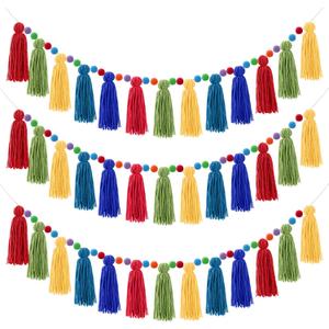 Syhood 3 Pcs Colorful Boho Tassel Garland Rainbow Pom Pom Each 50'' Colorful Tassel Garland Classroom Decoration Boho Banner for Kid Nursery Wall Decor Baby Shower Christmas Decor(Fresh Colors) (As the Picture Shown)