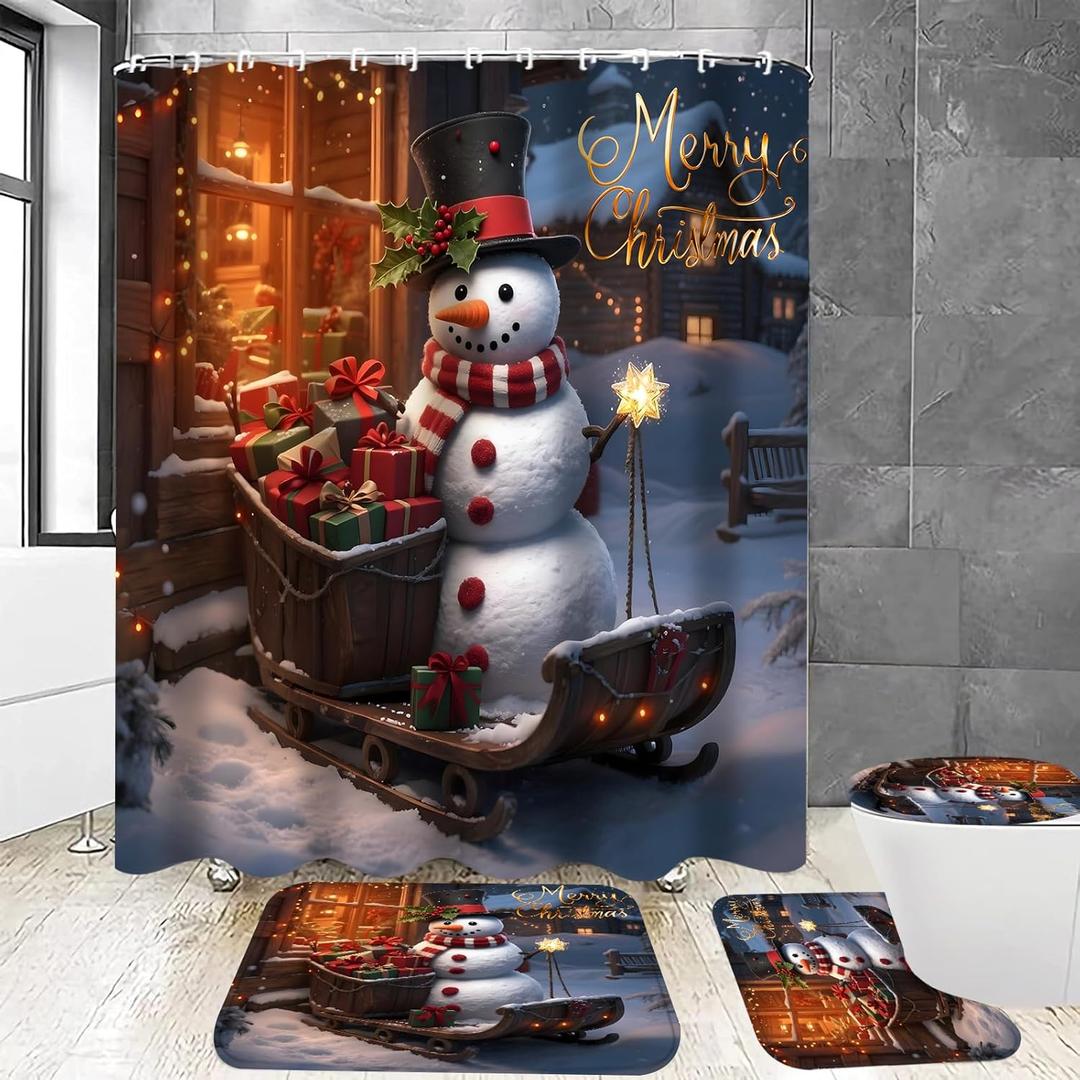 Chrainy Christmas Snowman Sled Shower Curtain Sets 4Pcs Bathroom Set Holiday Decor with Non-Slip Rugs Bath U-Shaped Mat Toilet Lid Cover with 12 Hooks