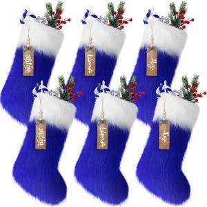 6Pcs Personalized Christmas Stockings with Name Tags 18 Inch Large Xmas Faux Fur Stockings Plush Fur Hanging Ornament 2026 Christmas Stockings for Christmas Home Decor(Royal Blue)