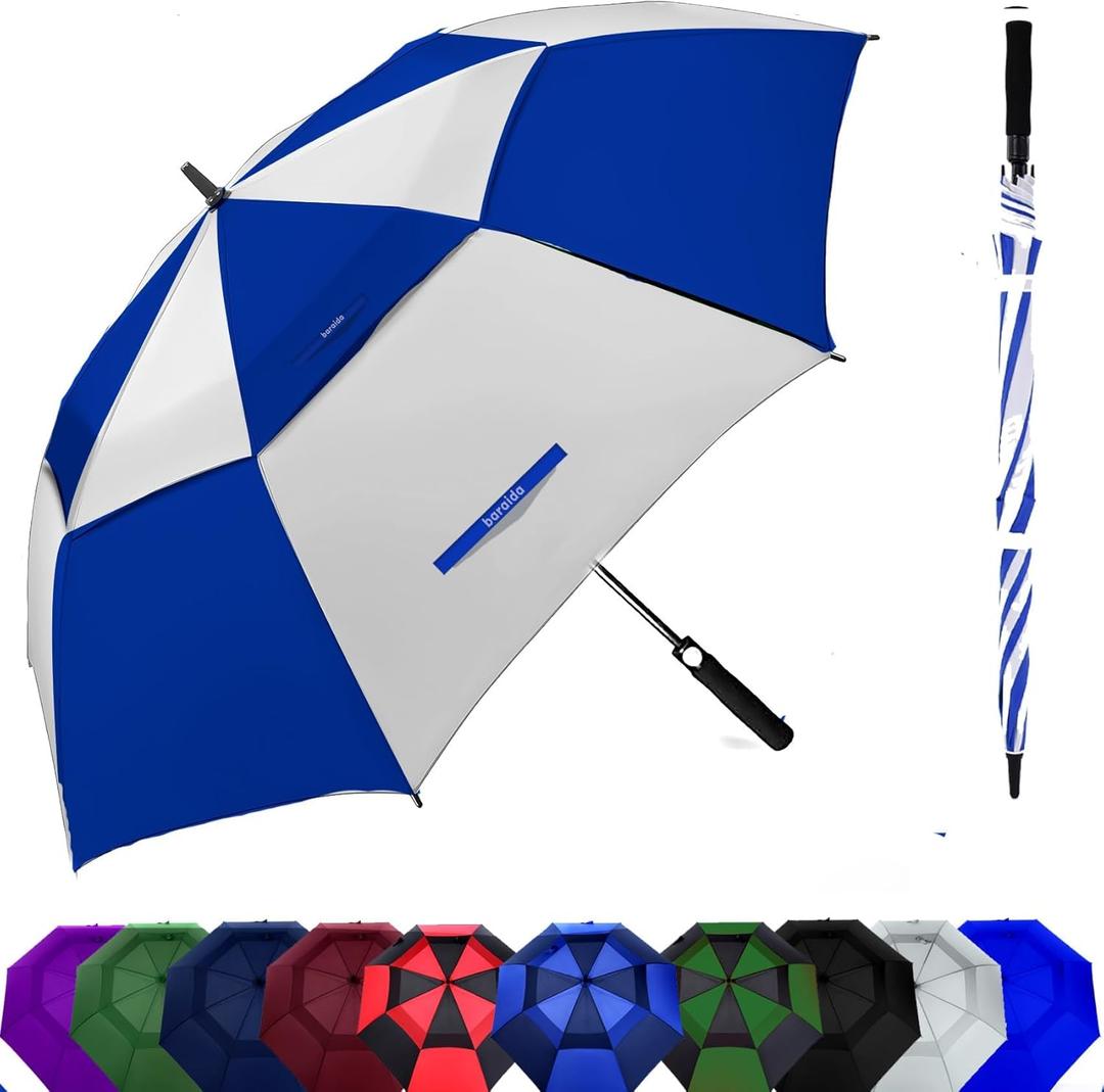 Golf Umbrella Large 62/68/72 Inch, Extra Large Oversize Double Canopy Vented Windproof Waterproof Umbrella, Automatic Open Golf Umbrella for Men and Women and Family. (White/Blue)