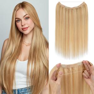 S-noilite Invisible Halo Hair Extensions Real Human Hair, 18Inch Ash Blonde Mix Bleach Blonde Human Halo Extensions with 2clips Adjustable Fish Line One Piece HairExtensions For Women 65g