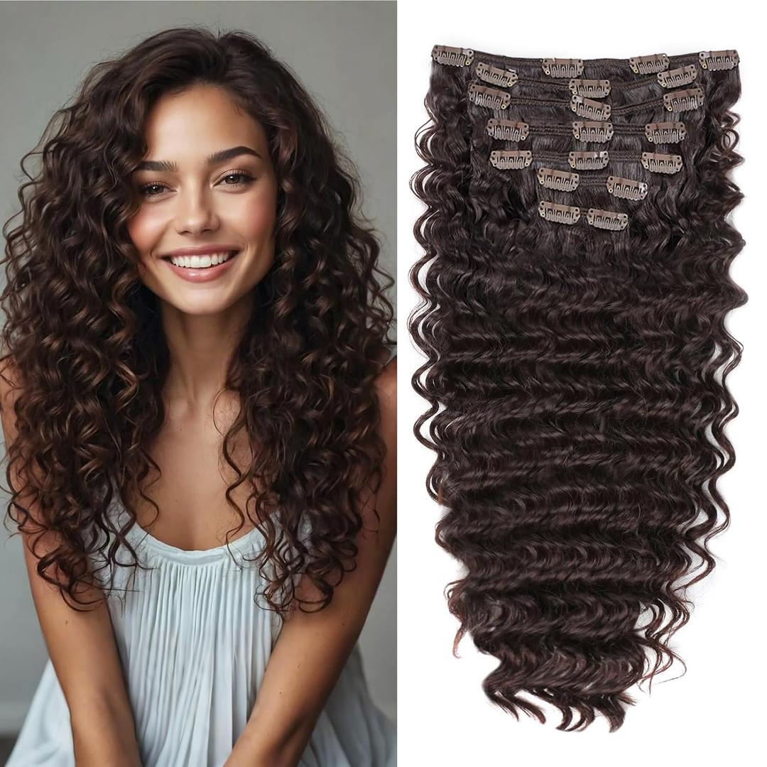 Clip in Hair Extensions Synthetic hair Clip in 140G 7Pcs/Lot Japanese Heat Resistant Fiber Hairpieces Deep Wave/Body Wave/Straight hair (Deep Wave, Chocolate Brown 4#)