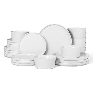Herogo 24 Pieces Dinnerware Dishes Set for 8, Handmade Stoneware Dining Plates and Bowls Sets, Double Reactive Glaze, Microwave & Dishwasher Safe, Scratch Resistant, Pearl White